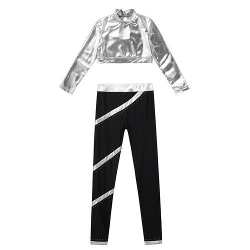 Kids Girls Sports Outfit Jazz Crop Top With Pants Metallic Shirt And Trousers - Picture 12 of 33