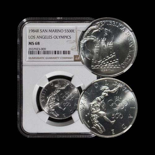 SAN MARINO. 1984, 500 Lire, Silver - NGC MS68 - LA Olympics, Entwined Athletes