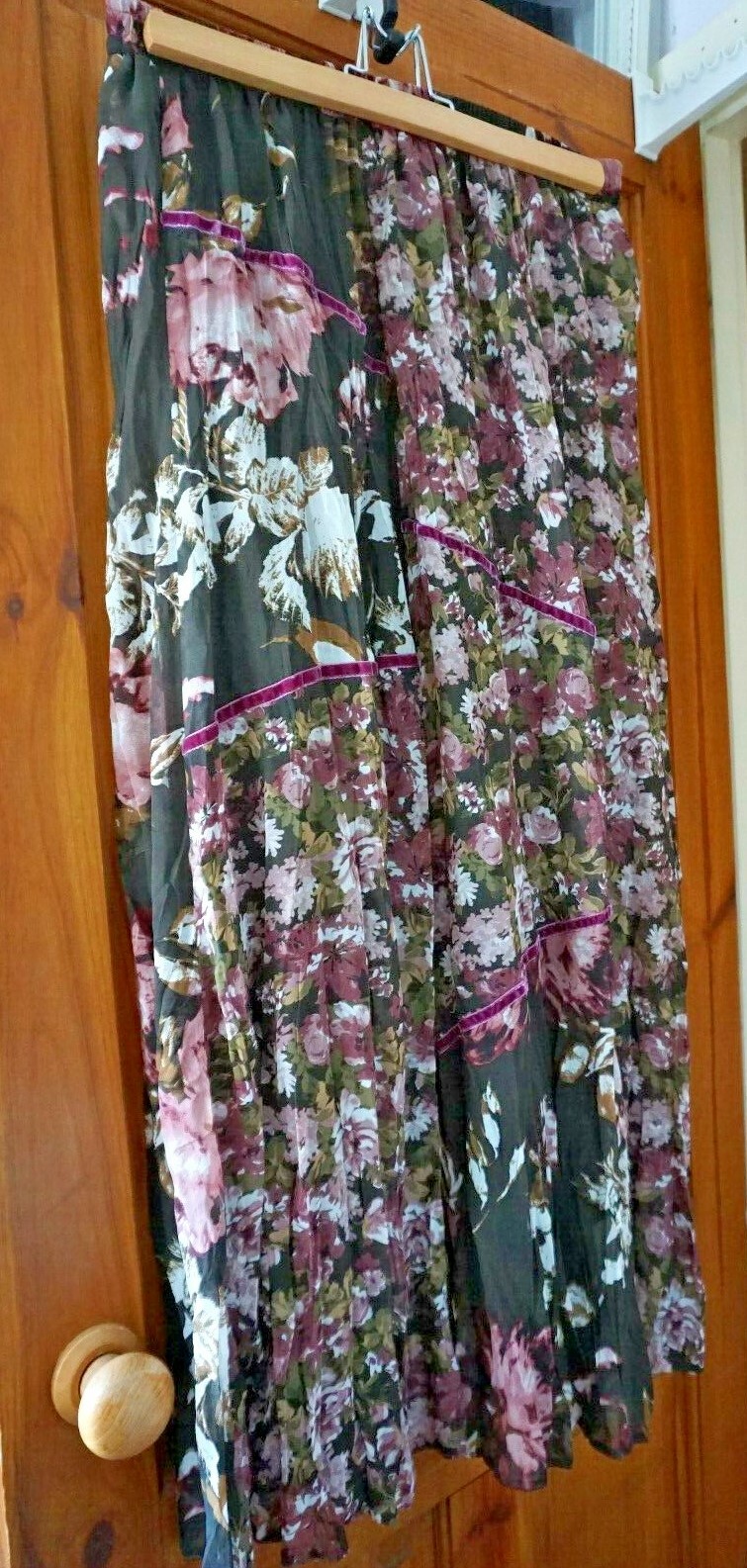 Khaki floral pink velvet trim crinkle ethnic hippie boho gypsy festival skirt 16 image 2