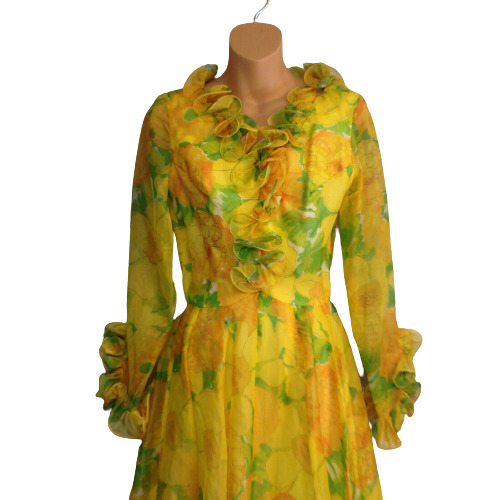 COCO OF CALIFORNIA Dress Yellowed Flowers Long Sl… - image 2