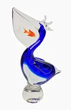 Large Beautiful Murano Style Blown Glass, Pelican With Fish In Mouth 11.5” Tall