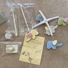 POTTERY BARN Kids Baby Gingham ELEPHANT Nursery Mobile w Wooden Arm NEW