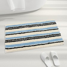 Blue Striped Fluffy Microfiber Bath Mat Absorbent Non Slip Washable 24x16 Inch