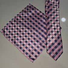 Plaid Tie Pink Blue Classic With Matching Handkerchief