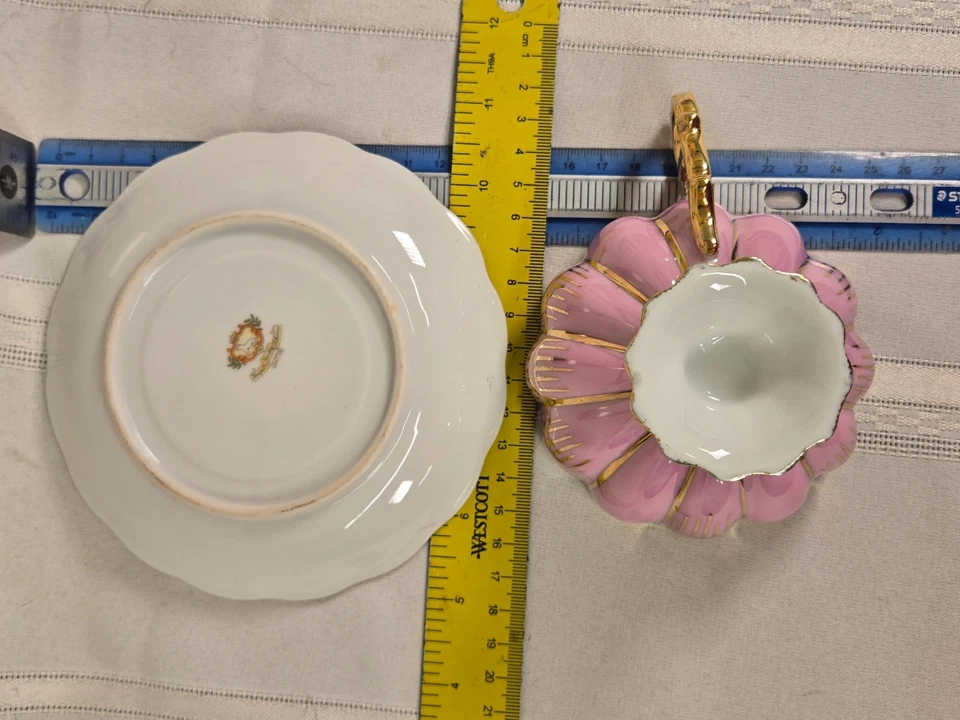 Taza y platillo reticulado Royal Sealy China Japón oro iridiscente y rosa Foto 3 de 3