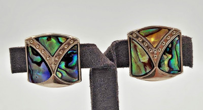 Signed DURI Abalone Shell Inlay Square Stud Earrings Silver Tone Vintage
