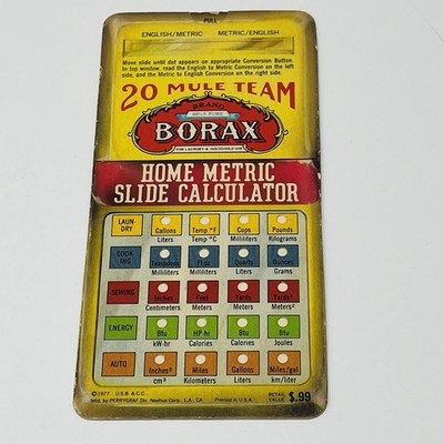 1977 Premium Home Metric Slide Calculator 20 Mule Team Borax Card Vintage