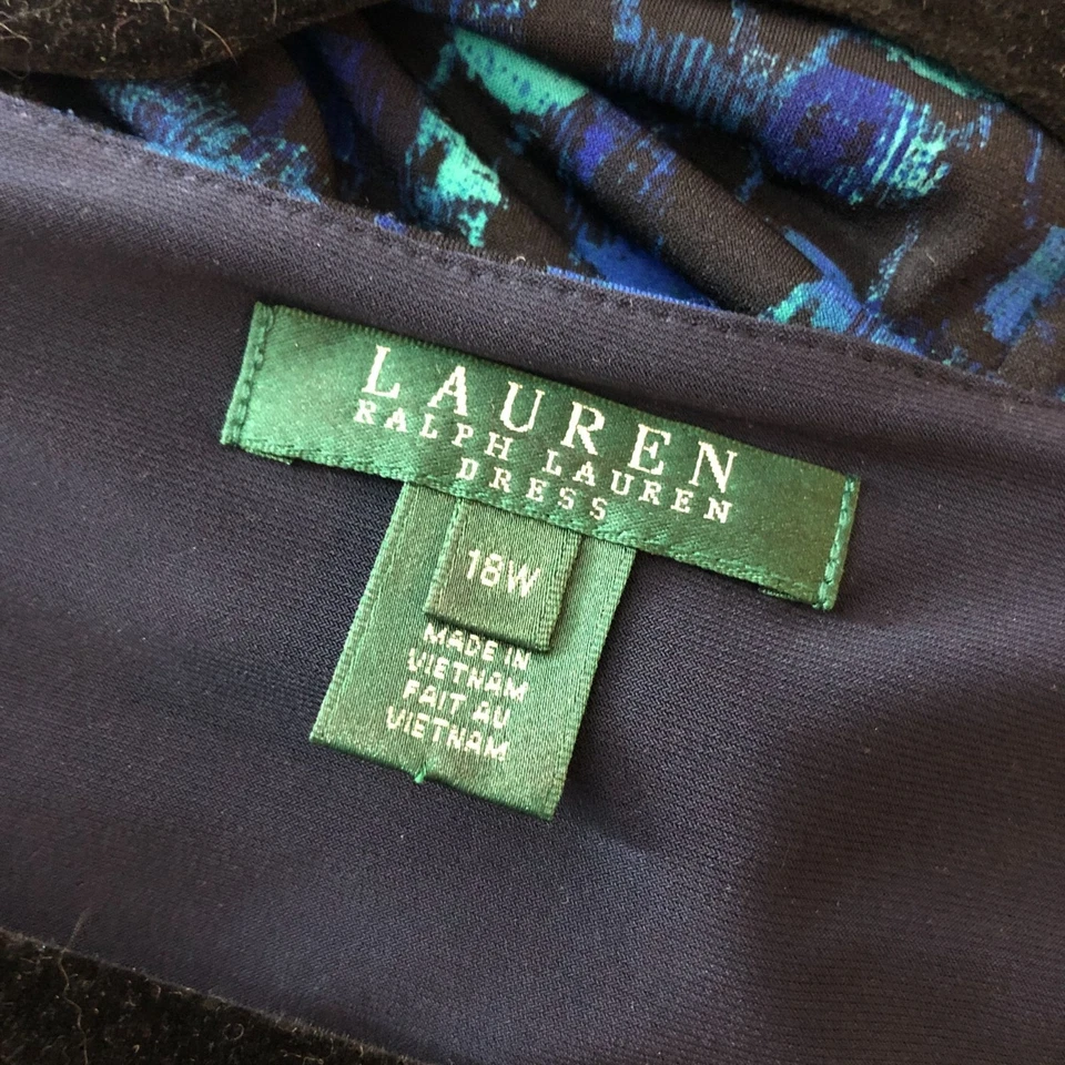 Ralph Lauren Dress Faux Wrap Surplice Neckline 3/4 Sleeve Blue Green 18W - Image 3 of 4