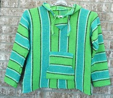 Mexican Poncho Hoodie Pullover Jacket Size L Woven Baja Surfer Striped Pocket