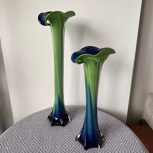 2 Vintage Jack in the Pulpit Murano Style Trumpet Vases Blue Green 15" and 11"