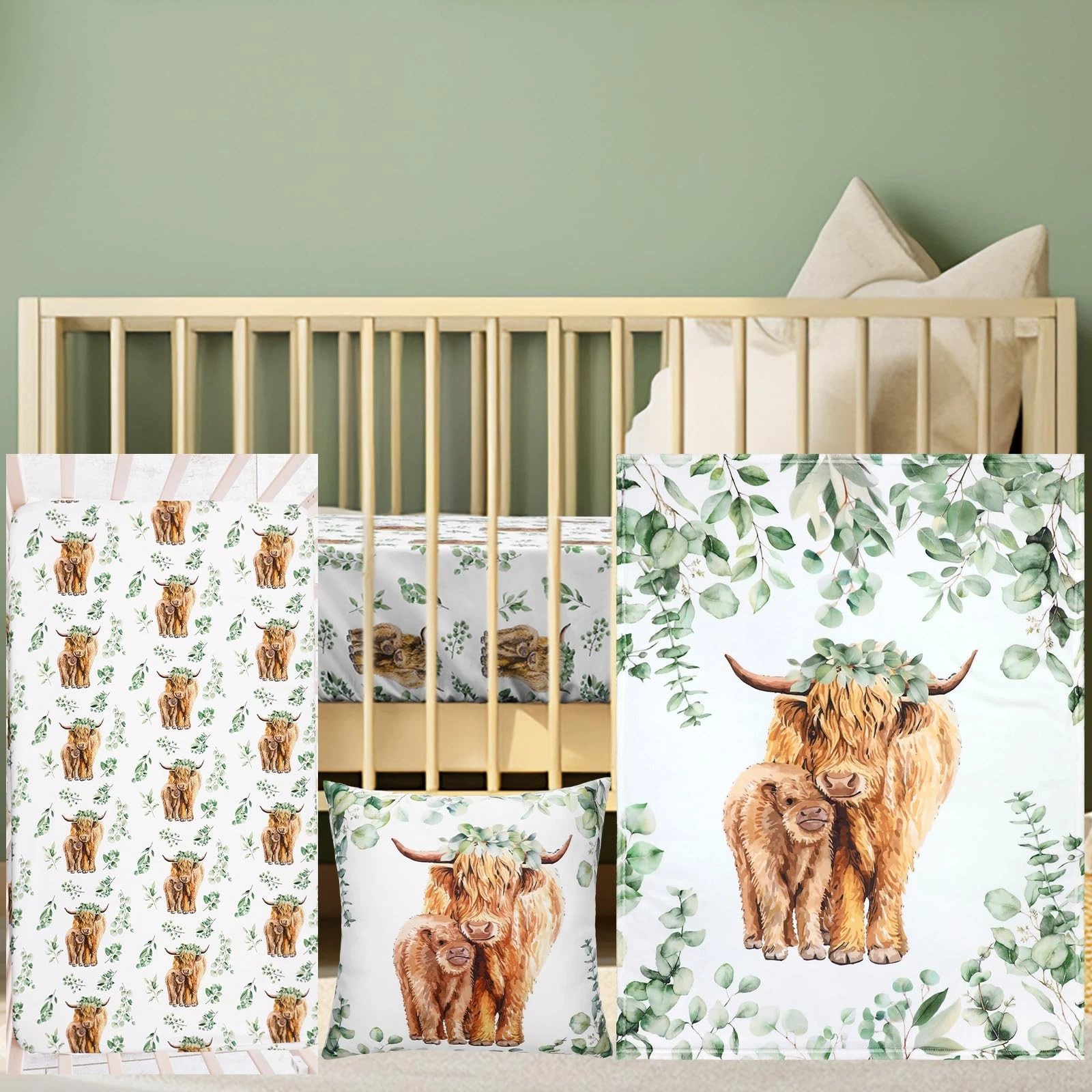 Baby Highland Cow Crib Bedding Set 3 Pcs Crib Set Baby Blanket, Fitted Sheet,...