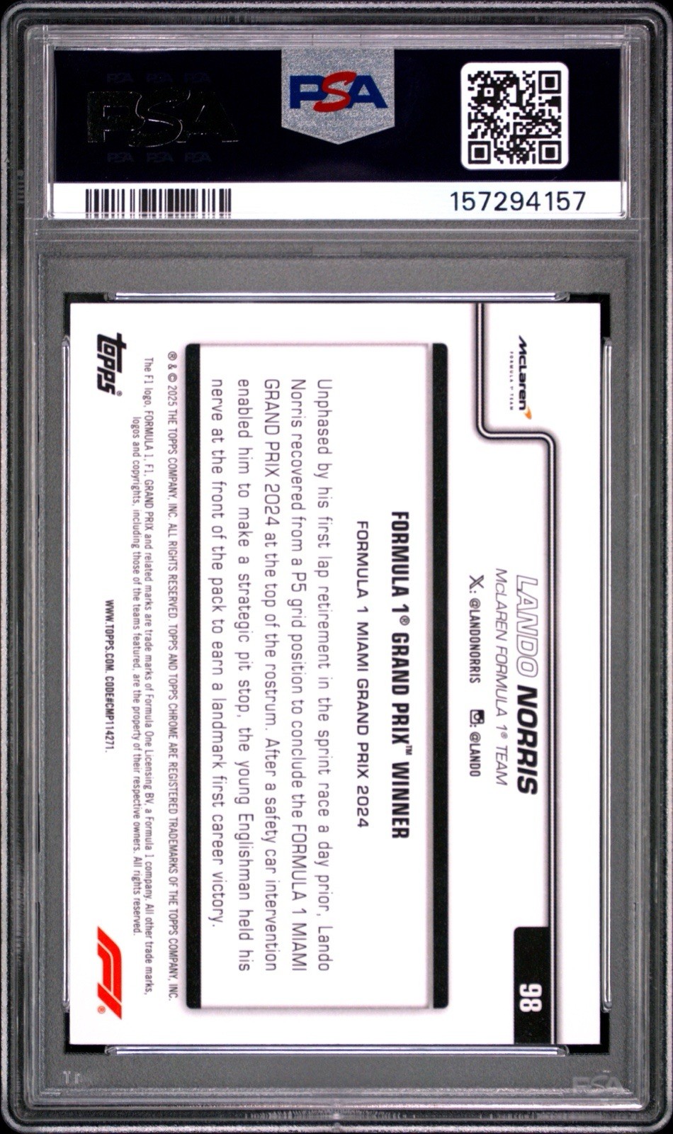 2025 Topps Chrome F1 Lando Norris #98 Aqua RayWave /199 PSA 10 Grand Prix Winner view 2