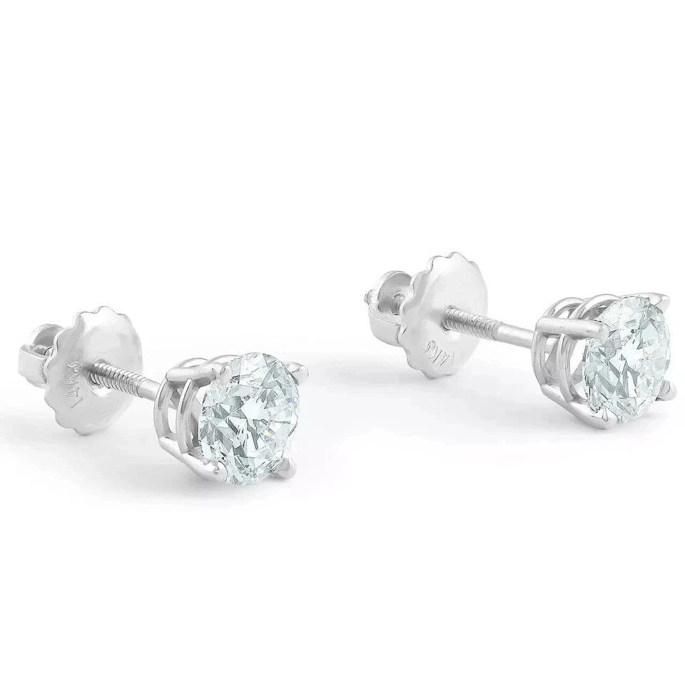 Tachuelas redondas de diamantes de 1 quilate TW de oro blanco de 14 k con rosca trasera $11000 Foto 3 de 4