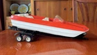 Vintage Tonka Black Pressed Steel Boat Trailer and Red & White Boat (As Is)Nice!