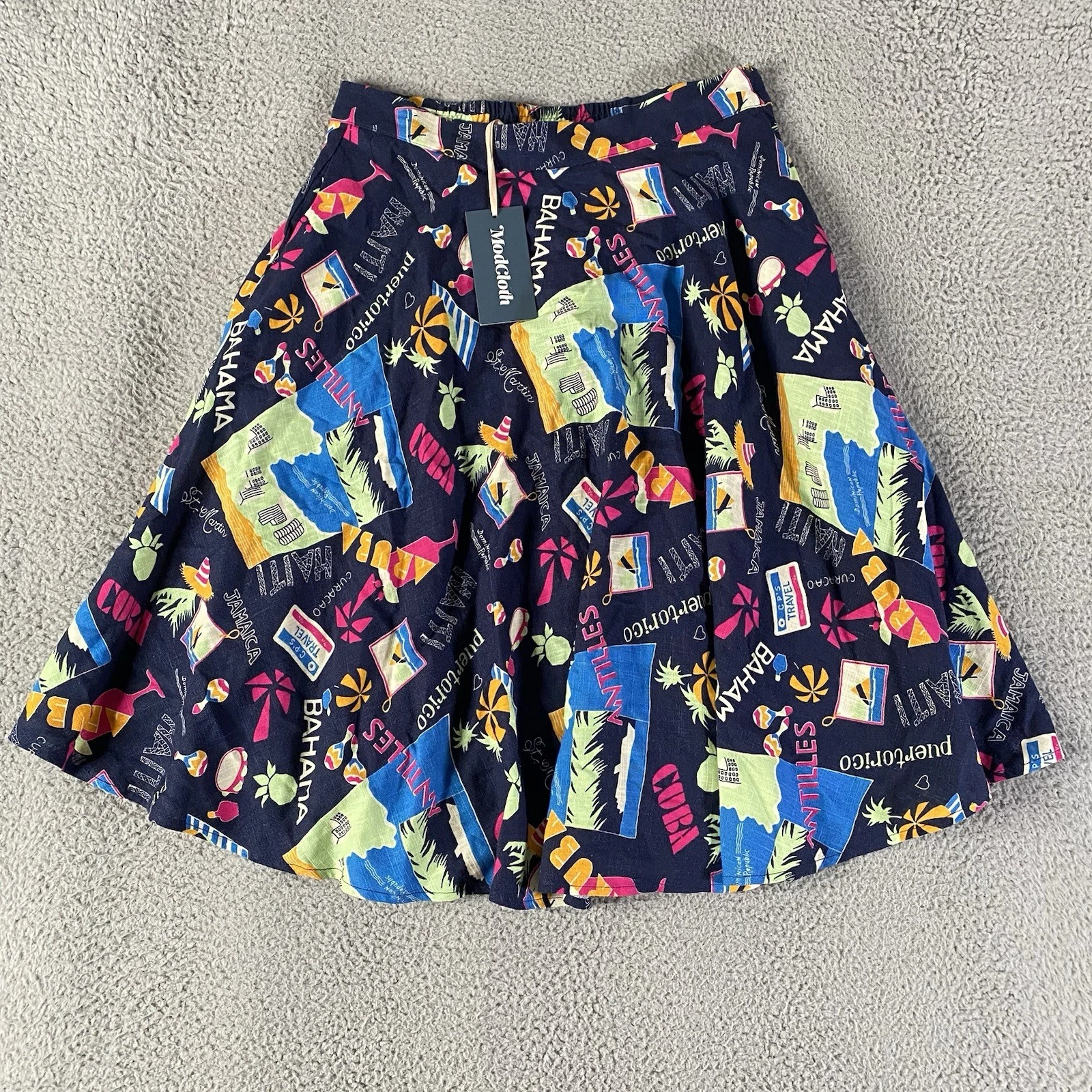 ModCloth Midi Skirt Womens Large / 29 Blue Linen Blend Beachy Coastal Resort NEW