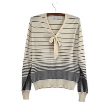 Vintage Givenchy Sport Cream Navy Striped Bow Front Vneck Sweater Size 40