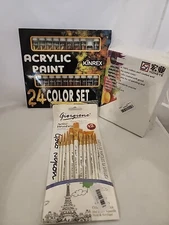 Kinrex 24 Acrylic Paint Gift Set Bundle 5 Canvases & 12 Brushes NEW