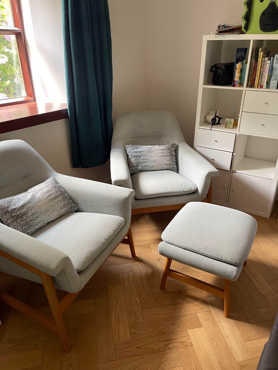 West Elm blue theo armchairs and foot stool
