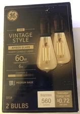 GE Vintage Style Amber Glass 60W ST19 Dimmable medium base light Bulbs 2pk 560L