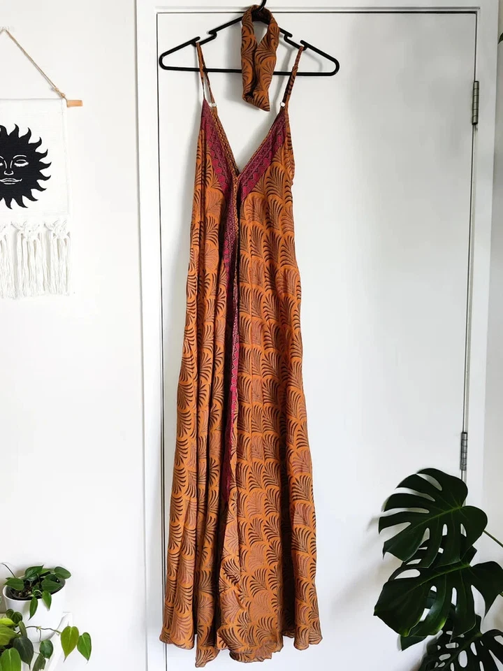 Maxi vestido midi sin mangas con sari de seda vintage indio de 5 piezas para mujer Foto 2 de 4