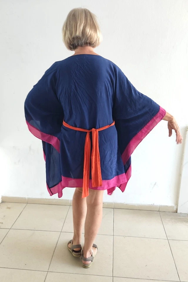 Israel GOTTEX Women Silk Oversized Violet Pink Shirt Kimono Tunic Belted Sz.M - Image 3 of 3