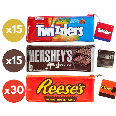 60 PCS Hershey s, Reese s,  & Twizzler Rainbow Zip Case BULK Pencil/Makeup Bags