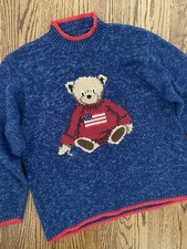 Patriotic Red White Blue Teddy Bear Ugly Christmas Sweater POLO Club XL