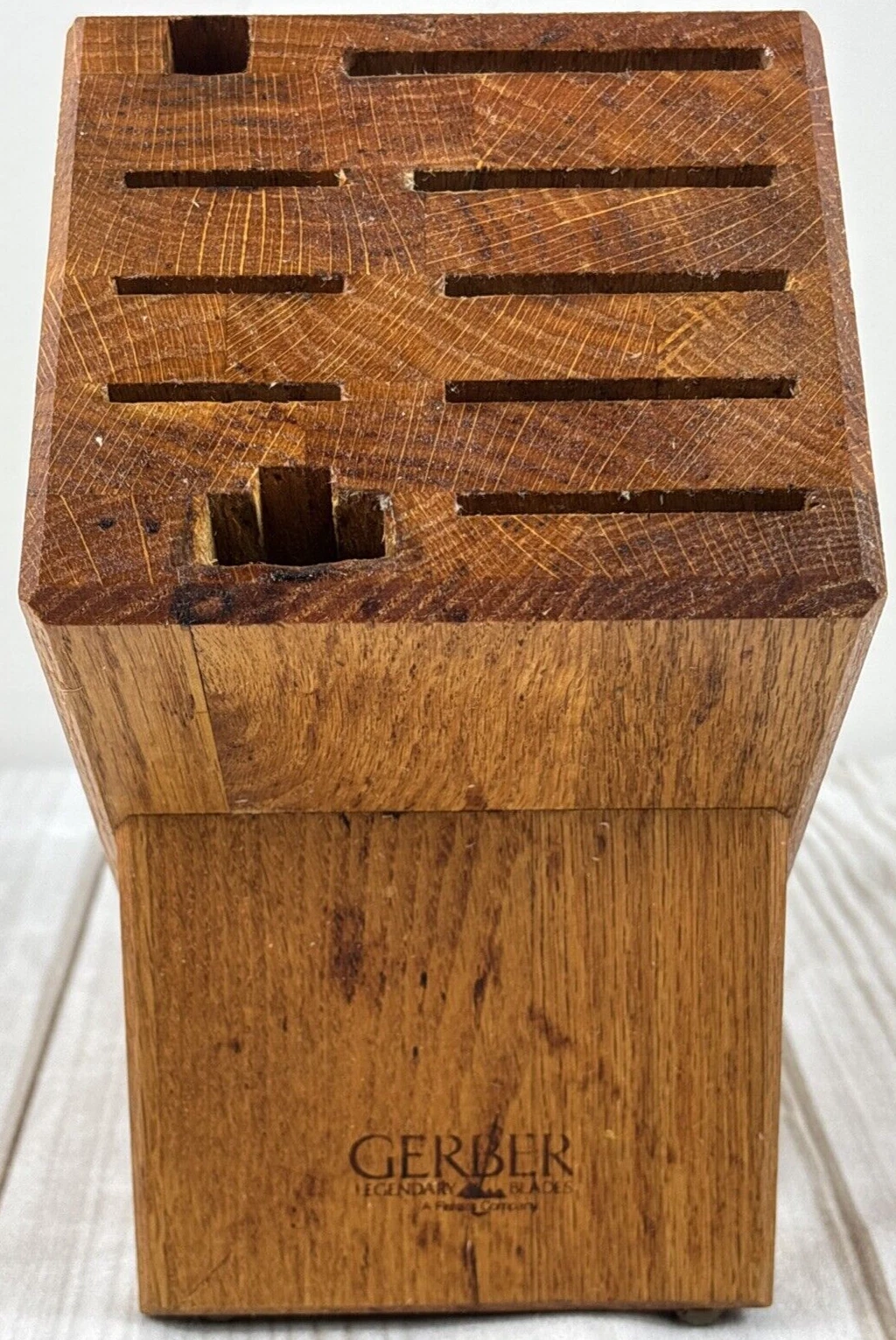 Vtg GERBER Wooden (Oak?) Knife Block: Holds 8 Knives, Honing Rod, & Shears