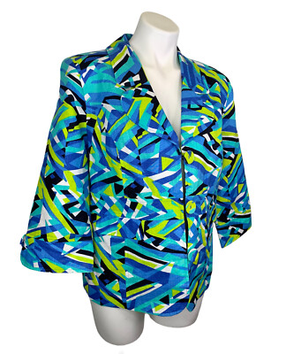 Trenz By Theresa Renz 100% Linen Blazer Jacket XL Extra Large Abstract Button Up