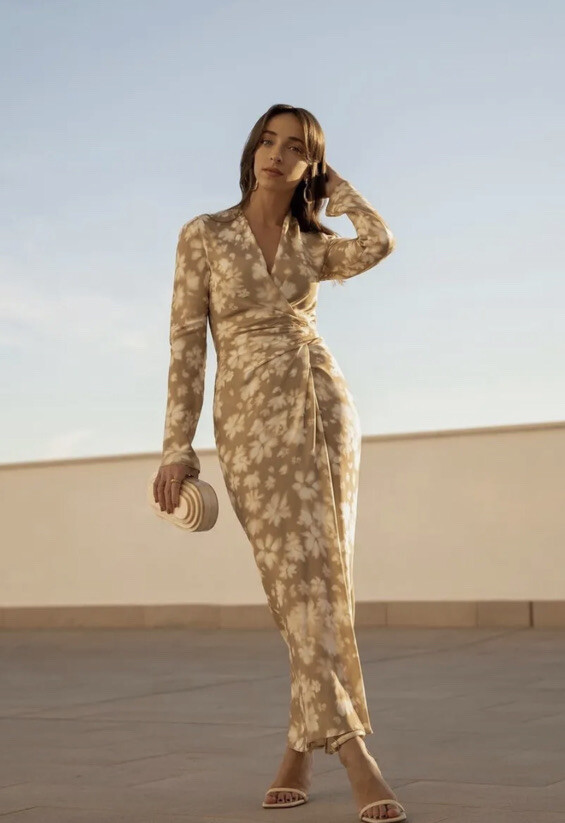 beige long sleeve wrap dress Cavosen Wrap Dresses for Women Long Sleeve Beige Maxi Dress Empire Waist V-Neck Ankle Length Long Dress Solid Side Split Pleated Casual Trendy Dress