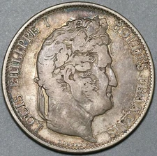 1844-BB France 5 Francs Louis Philippe I AVF Strasbourg Silver Coin (24010703R)