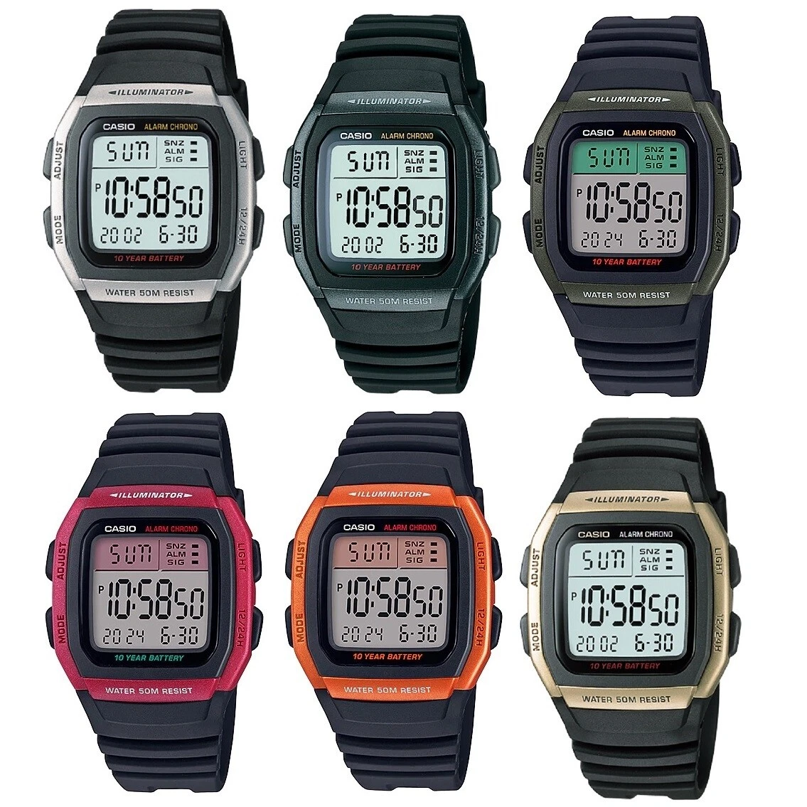 Casio W-96H Silver Gold Blue Red Orange Green Multi-Function 50m Digital  Watch