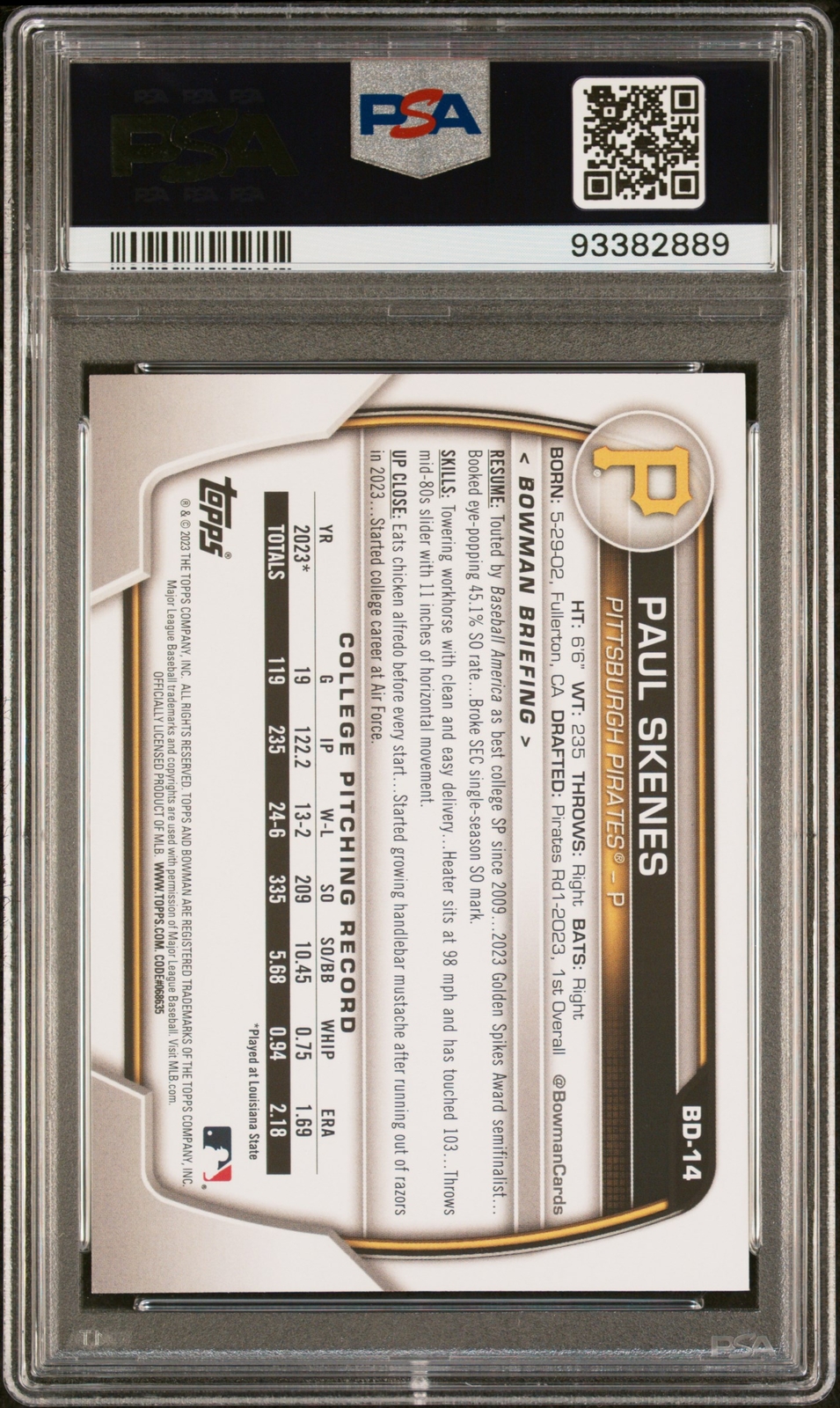 PSA 10 PAUL SKENES 1st 2023 Bowman Draft Paper PIRATES Rookie Card RC GEM MINT view 3