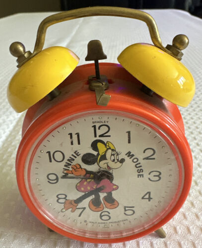Minnie Mouse Vintage Alarm Clock Bradley Japan Works! Orange Yellow 4" Ticking - Picture 1 of 8