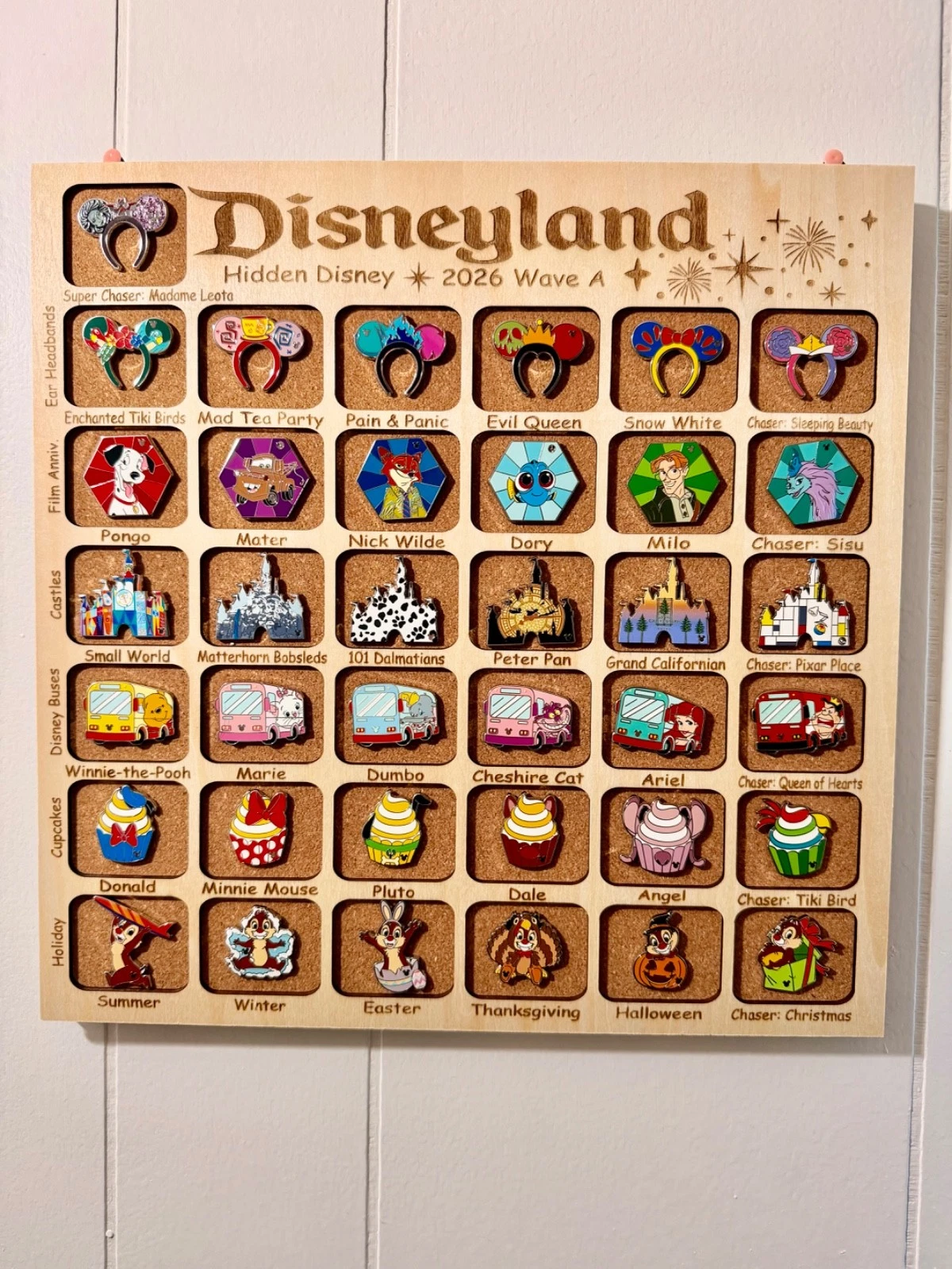 Disneyland 2026 Hidden Mickey Wave A Complete Pin Set w/ Custom Wooden Display