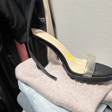 Women s Black/Clear Strappy Ankle Strap Open Toe Synthetic Heels