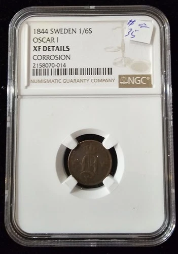 SWEDEN Oscar I (1844-1859) Copper 1844 1/6S NGC-XF DETAILS