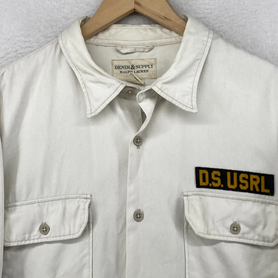 Camisa DENIM & SUPPLY RALPH LAUREN Para Hombres XL Militar Abotonada Sarga Blanca Foto 4 de 4