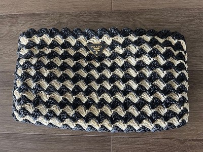 Authentic PRADA Raffia Bag Black White Clutch Pouch Used Good Condition