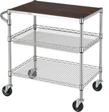3 Tier Heavy Duty Commercial Grade Utility Cart with Wood Top, Wire Rolling Cart