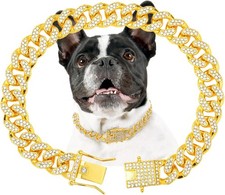 Gold Dog Chain Collar Diamond Metal Pet Necklace with Secure Buckle 10"