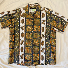 Ui Maikai Vintage Hawaiian Shirt Tiki Mask Drum Pineapple Plant Mens XL