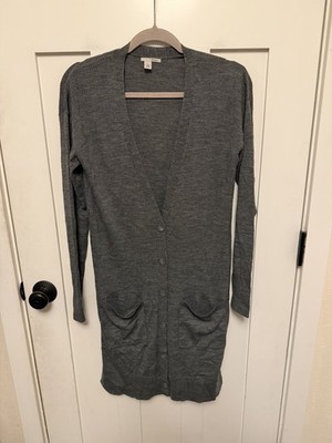 Halogen Merino Wool Blend Duster Cardigan Gray Small V-Neck Ribbed Button Down