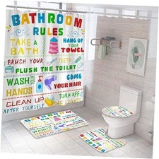 4PCS Kids Shower Curtain Set, with Non-Slip Rugs, Toilet Lid Bathroom Rules