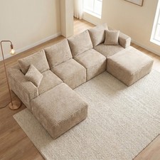 133" Modular Cloud Couch Corduroy U-Shaped Sectional Sofa w/ 2 Pillows Seating 6
