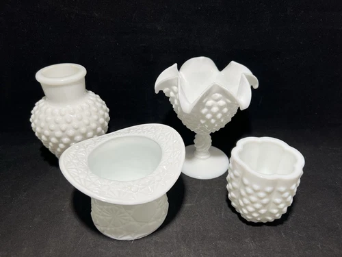 Lot of 4 Vintage Milk Glass Hobnail Decor - Vase, Top Hat, Candle Holder