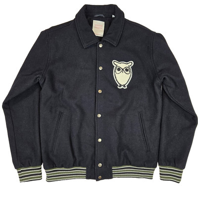 Knowledge Cotton Apparel Wool Blend Varsity Jacket Men's L Navy Blue Owl