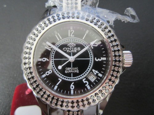ONISS LADY'S WATCH QUARTZ BLACK CERAMIC CRYSTAL SAPPHIRE ON8891-L NEW