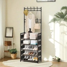 Coat Rack with Shoe Storage,5-Tier Shoe Rack and 8 Clothes Hooks Coat Rack Black