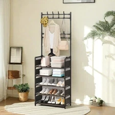 Coat Rack with Shoe Storage,5-Tier Shoe Rack and 8 Clothes Hooks Coat Rack Black